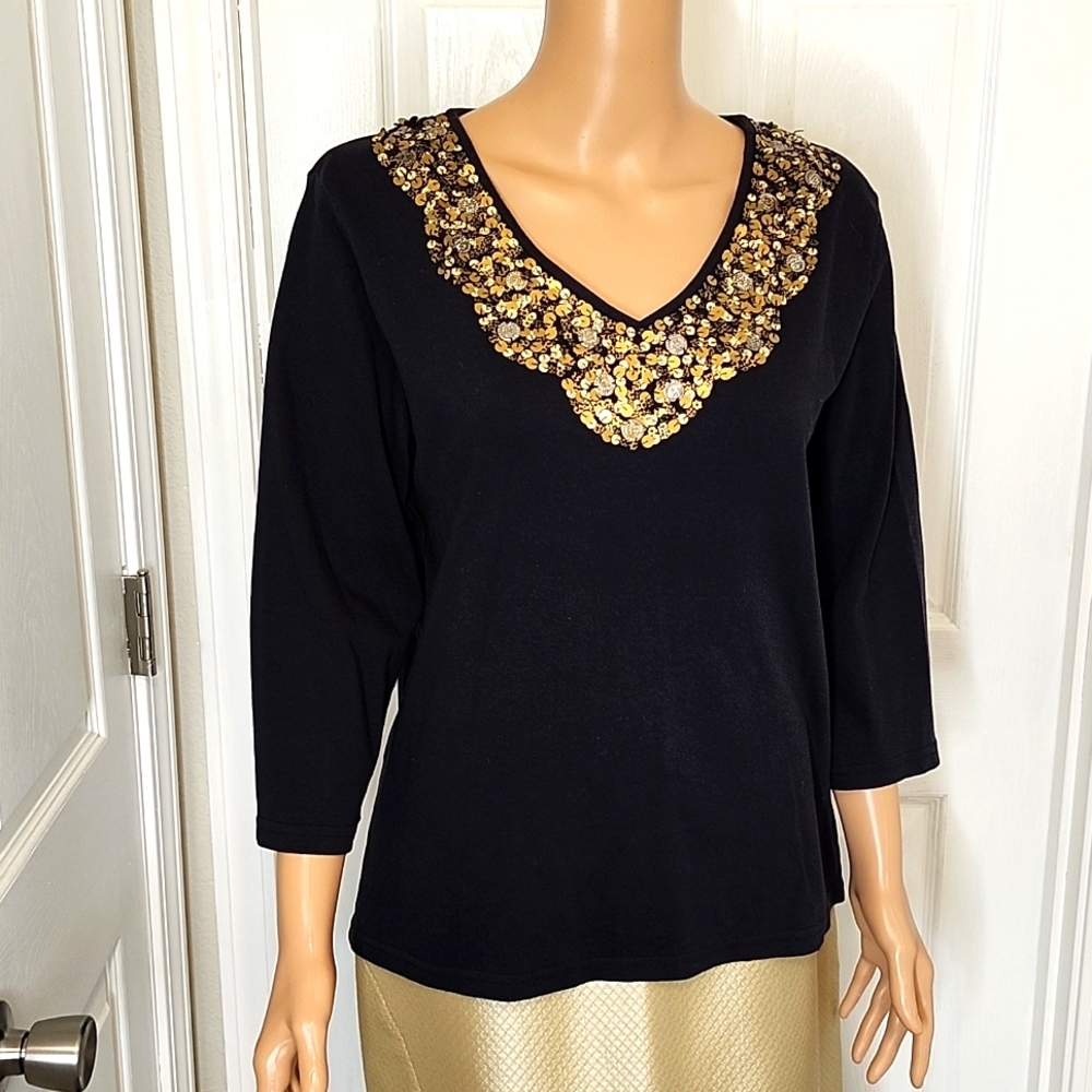 Coldwater Creek V-Neck Black V-Neck 3/4 Sleeve T-shirt with Gold Sequins Trim